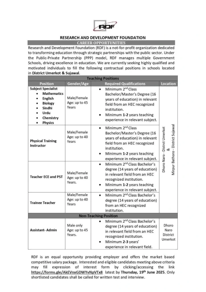 Research and Development Foundation RDF Jobs