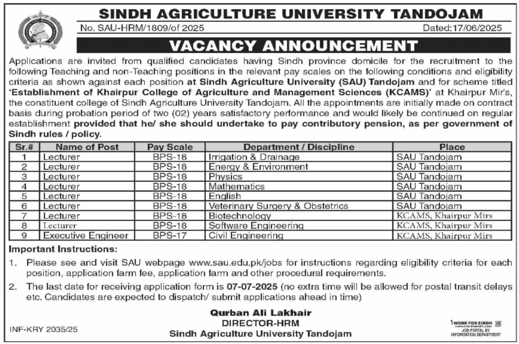 SAU Tandojam Jobs 2025 For Lecturer and Engineer