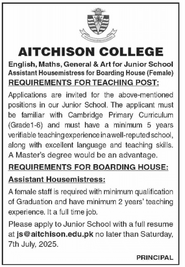 Aitchison College Jobs Teacher and Housemistress Guide