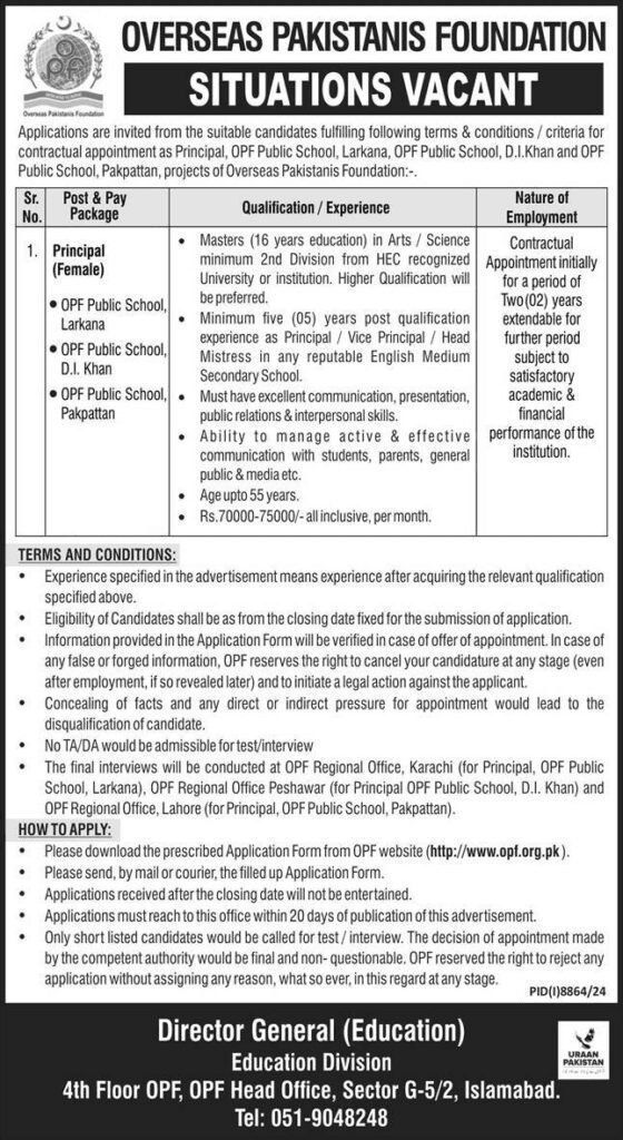 Latest New OPF Public School Principal Jobs