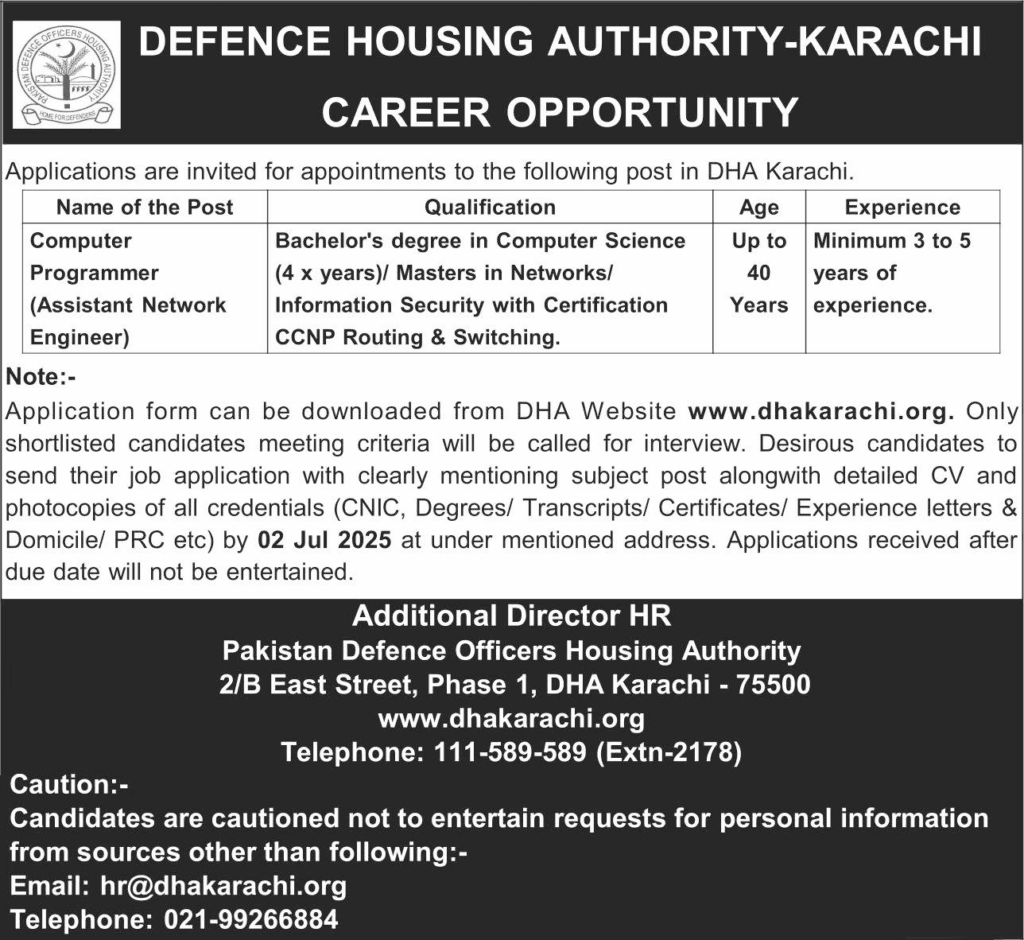 Latest DHA Karachi Jobs For Programmer Engineer