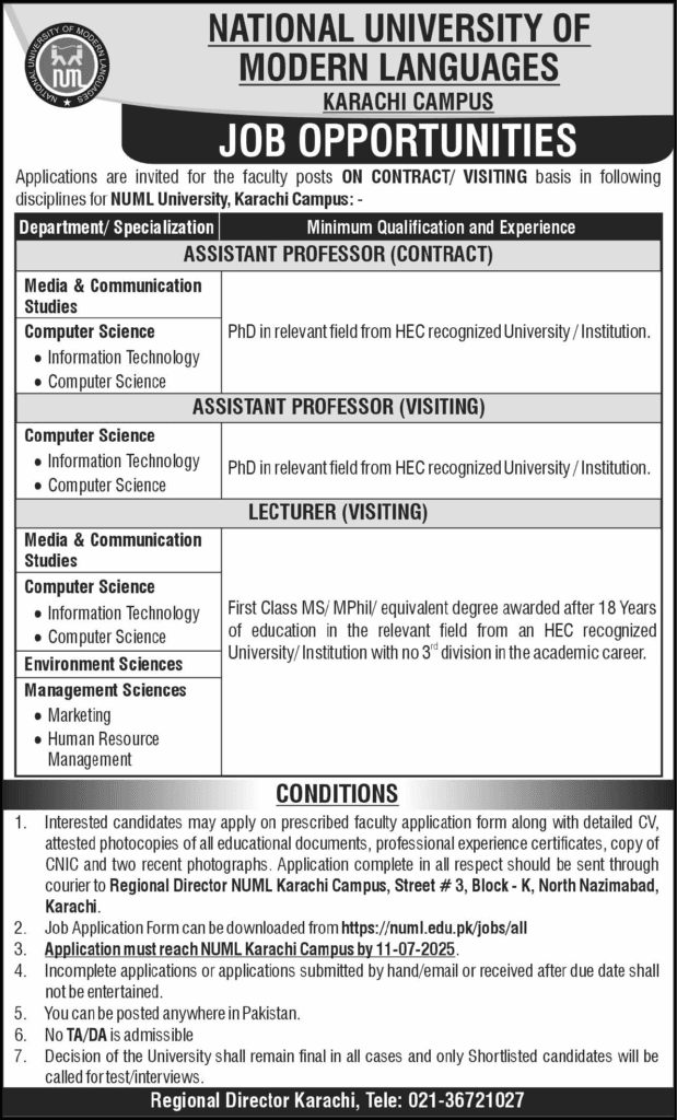 NUML Karachi Campus Jobs Online Apply