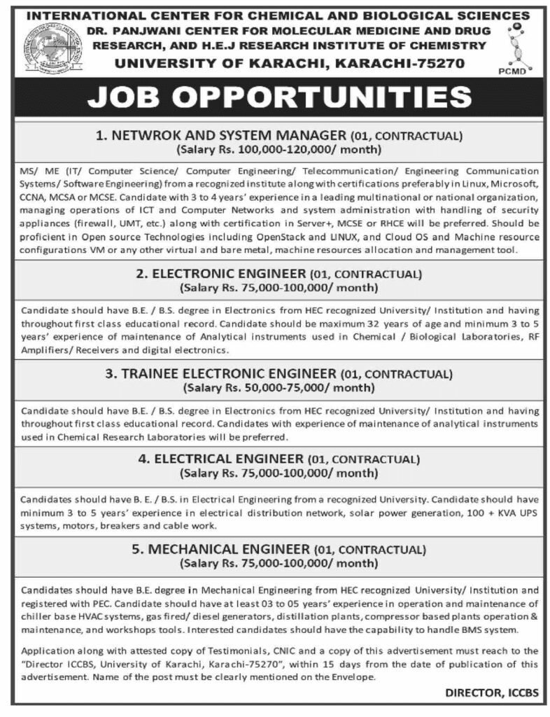 ICCBS Karachi Jobs For Engineers and IT Manager