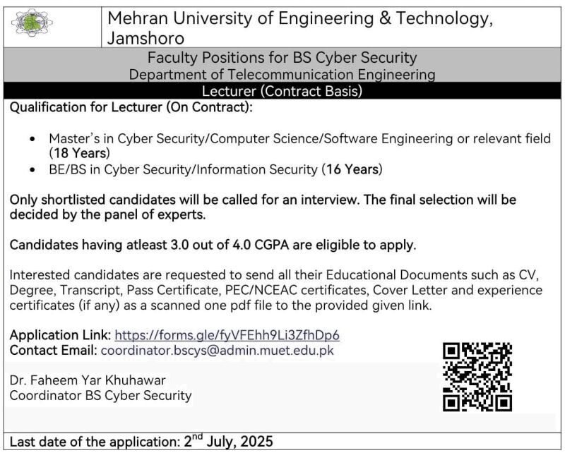 Today MUET Jamshoro Lecturer Jobs