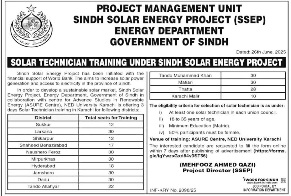 Sindh Solar Energy Project SSEP Training Jobs