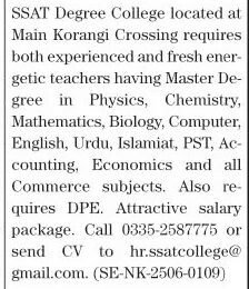 SSAT Degree College Karachi Jobs