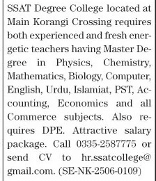 SSAT Degree College Karachi Jobs