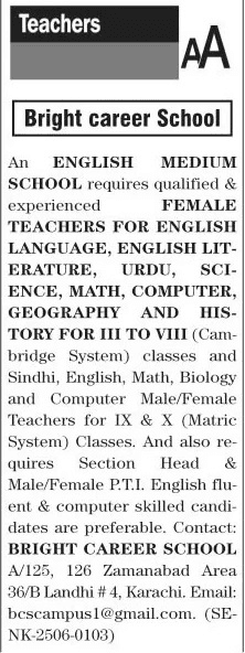 Bright Career School Jobs in Karachi