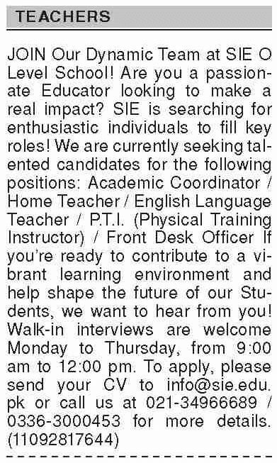 SIE O Level School Teaching Jobs in Karachi