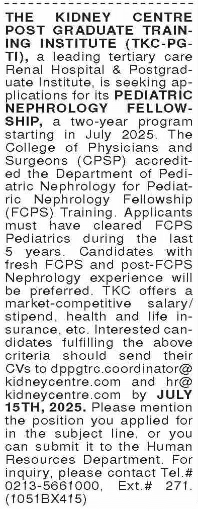 Kidney Centre Pediatric Nephrology Fellowship Jobs