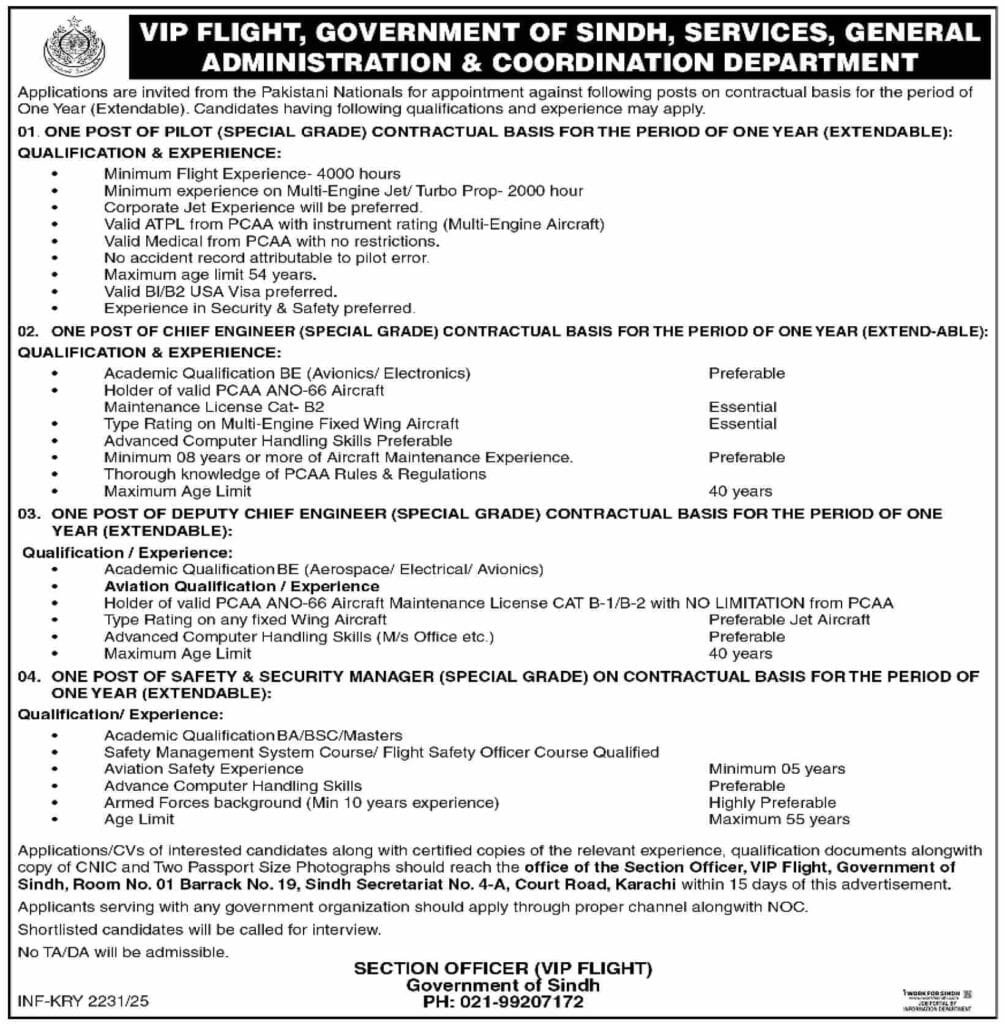 VIP Flight Jobs in Sindh