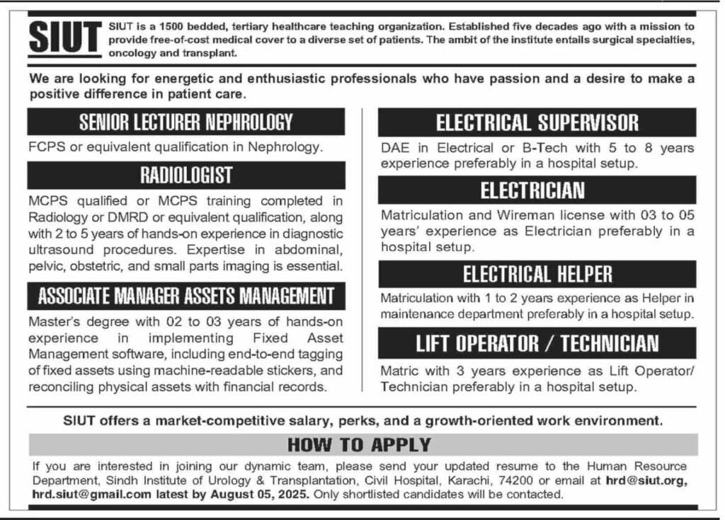 Sindh Institute of Urology And Transplantation SIUT Karachi Jobs in Sindh