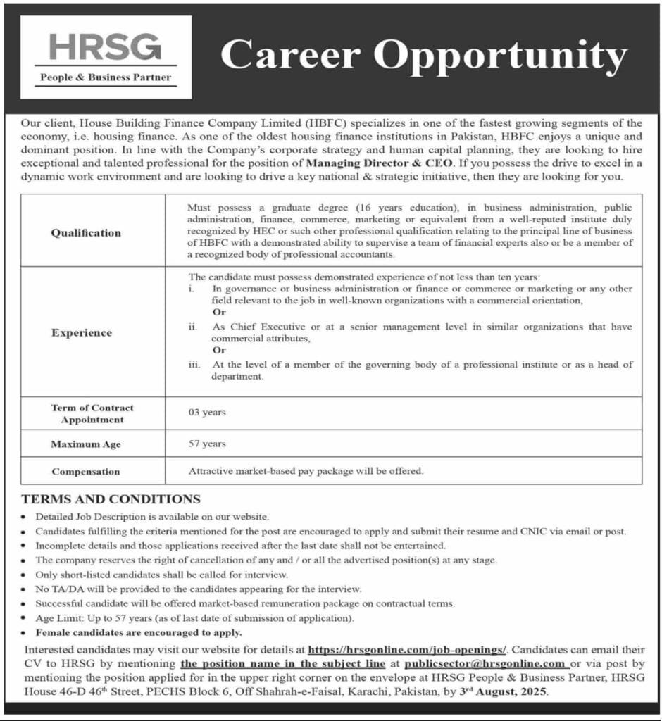House Building Finance Company Limited HBFC Karachi Jobs in Sindh