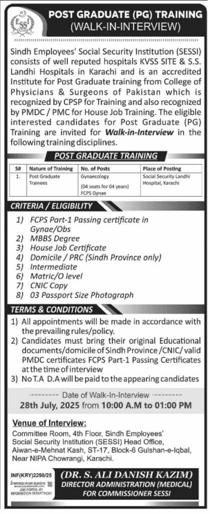 SESSI Karachi Jobs in Sindh FCPS Gynae Postgraduate Training Walk-in-Interview