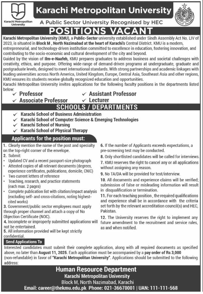 Karachi Metropolitan University KMU Jobs in Karachi