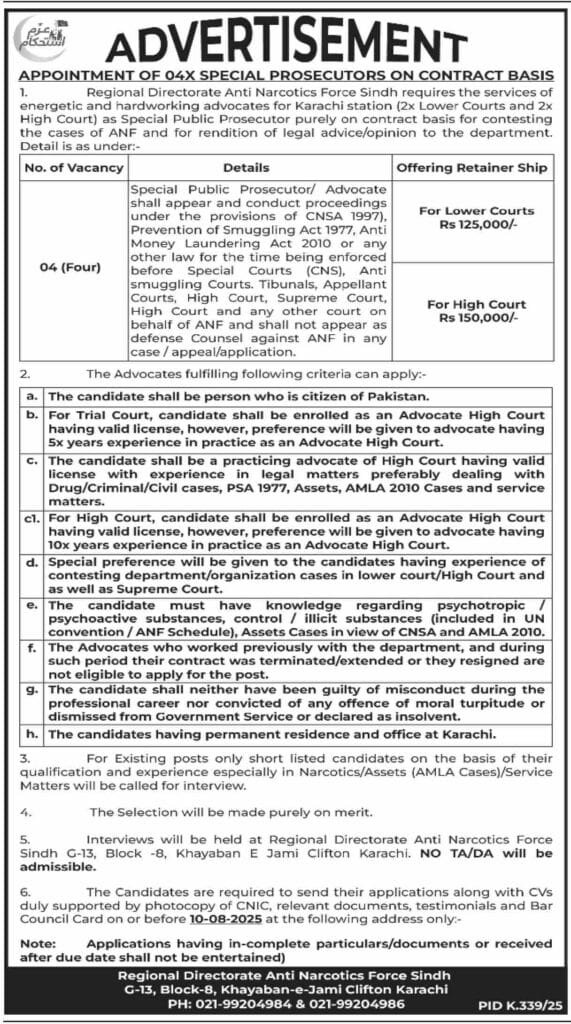 Anti Narcotics Force ANF Special Prosecutor Jobs in Karachi