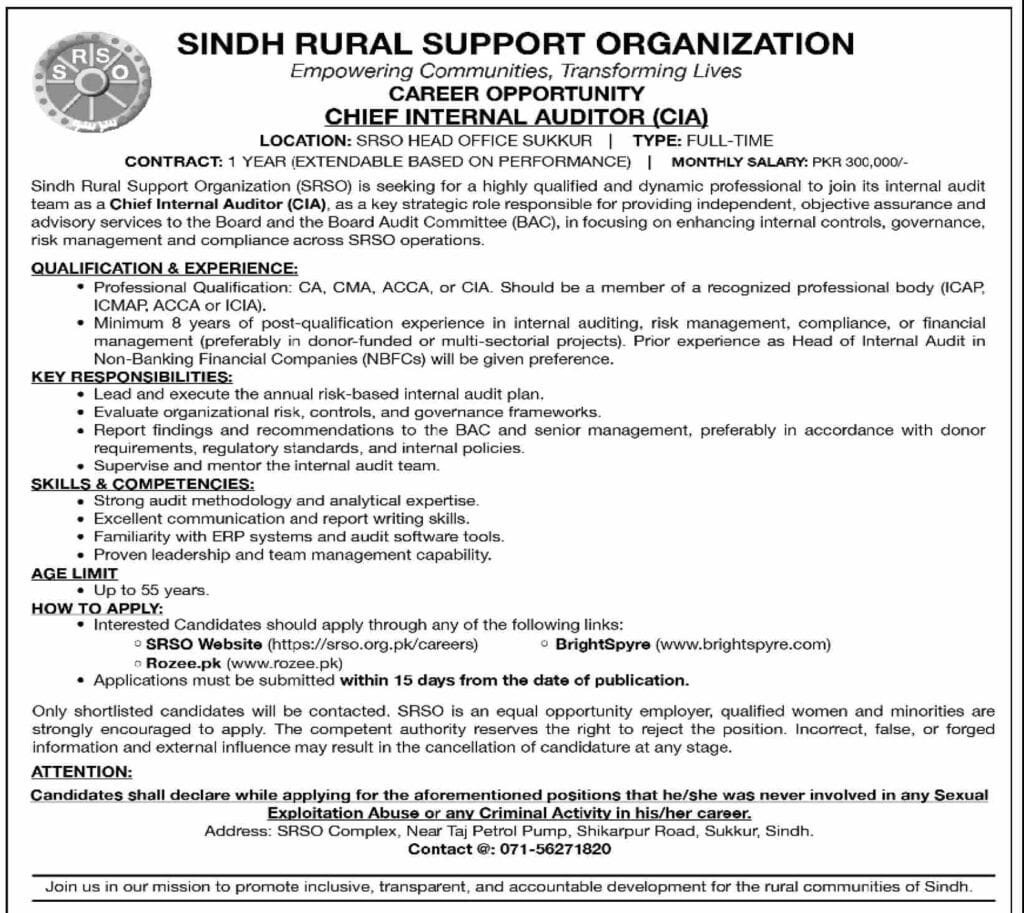 Sindh Rural Support Organization SRSO Jobs in Sindh