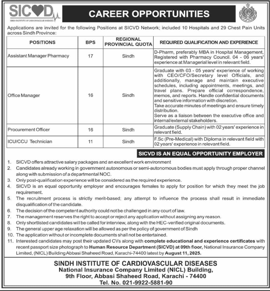 Sindh Institute of Cardiovascular Diseases SICVD Jobs For All Sindh Districts