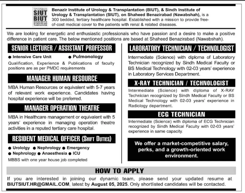 Benazir Institute of Urology And Transplantation BIUT Nawabshah Jobs in Sindh