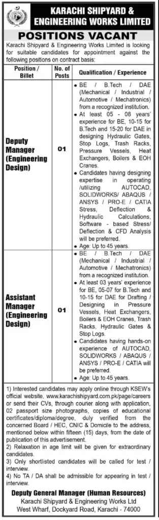 Karachi Shipyard And Engineering Works Limited KSEW Karachi Jobs in Sindh