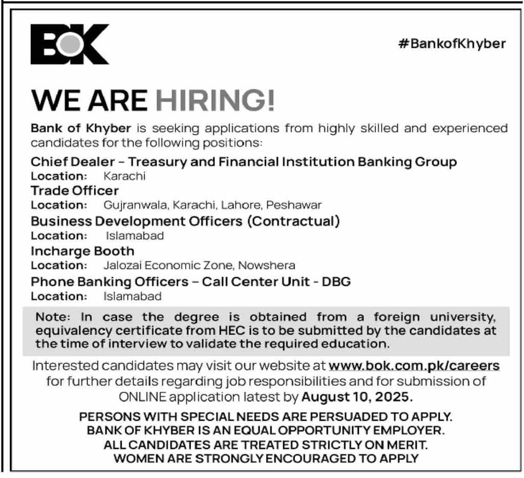 Bank of Khyber BOK Jobs in Pakistan