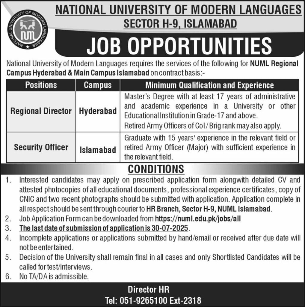 NUML University Jobs