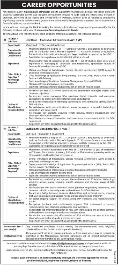 NBP National Bank of Pakistan Jobs