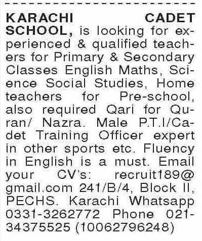 Karachi Cadet School Jobs in Sindh