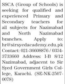 SSCA (Group of Schools) Jobs in Sindh