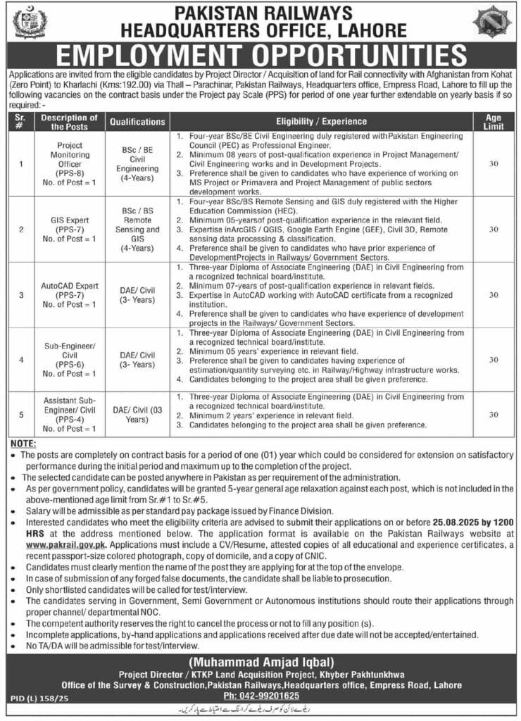 Pakistan Railways Rail Connectivity Project Jobs Pakistan