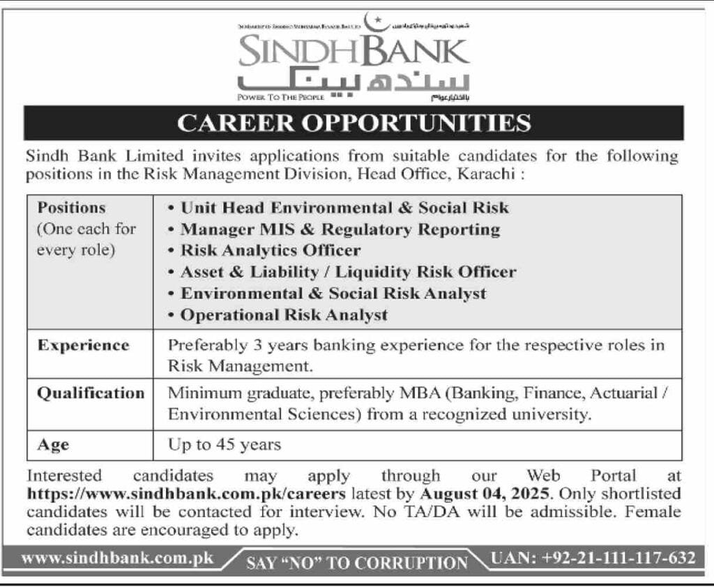Sindh Bank Jobs in Karachi