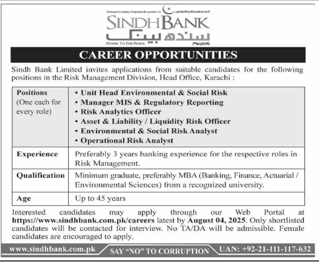 Sindh Bank Jobs in Karachi