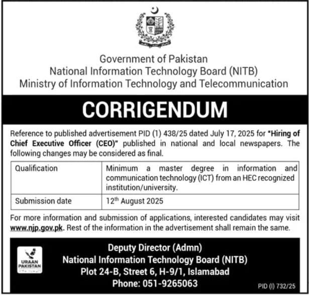 National Information Technology Board NITB Jobs in Pakistan