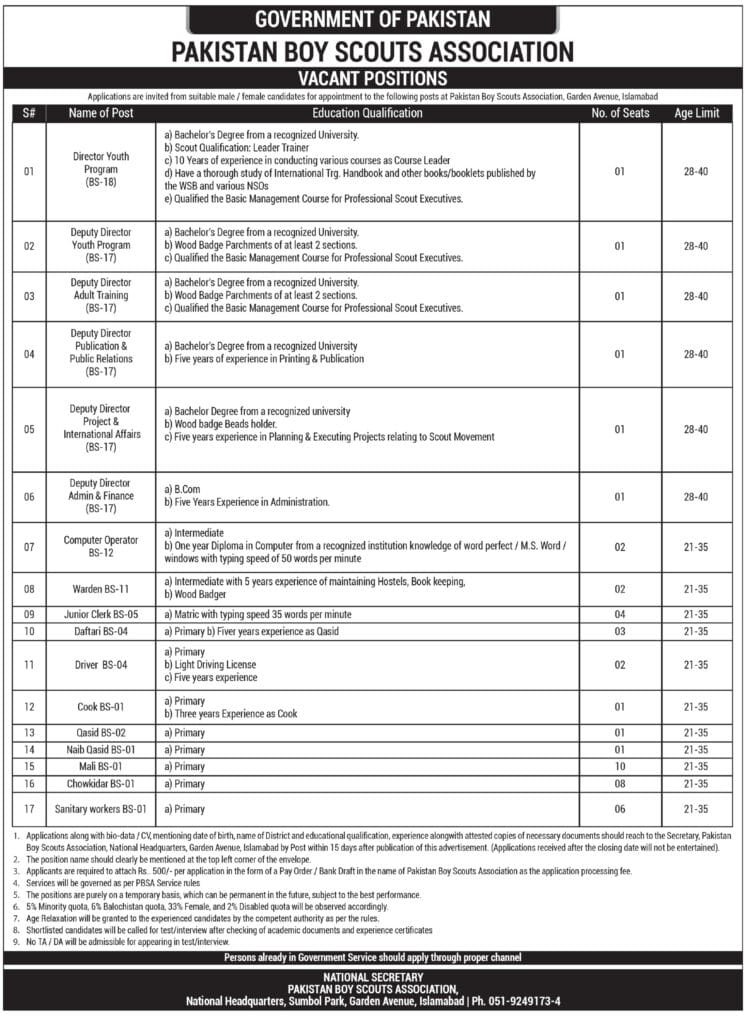 Pakistan Boy Scouts Association Jobs