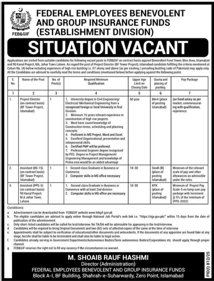 Federal Employees Benevolent and Group Insurance Funds Jobs in Pakistan