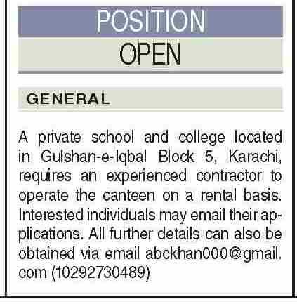Private School and College Canteen Contract Jobs in Karachi