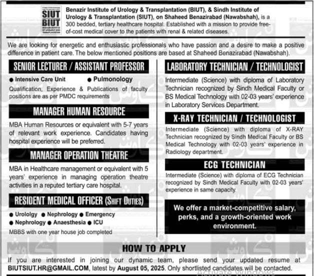 BUIT Benazir Institute of Urology & Transplantation Jobs in Sindh