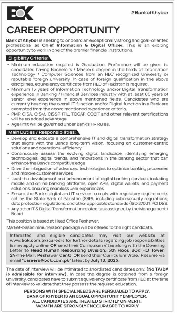 Bank of Khyber BOK Jobs in Sindh