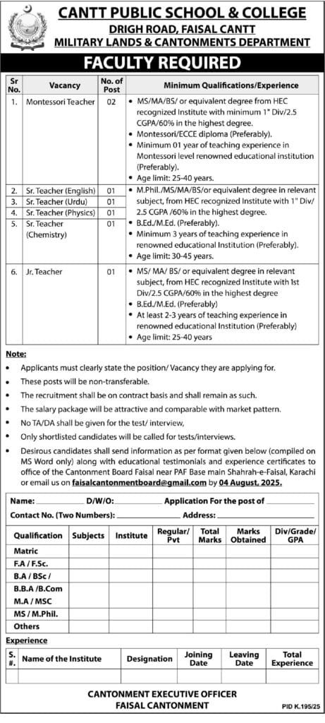 Cantt Public School and College Faisal Jobs in Karachi