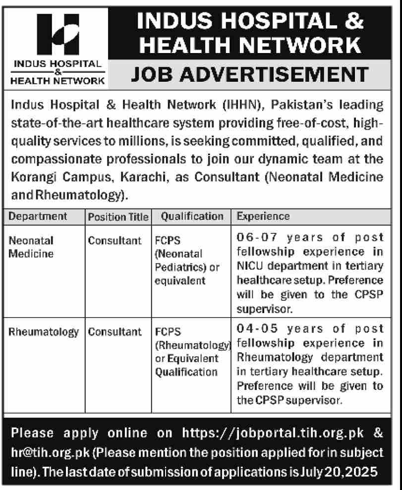 Indus Hospital And Health Network IHHN Karachi Jobs in Sindh