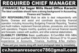 Chief Manager Finance Jobs in Karachi
