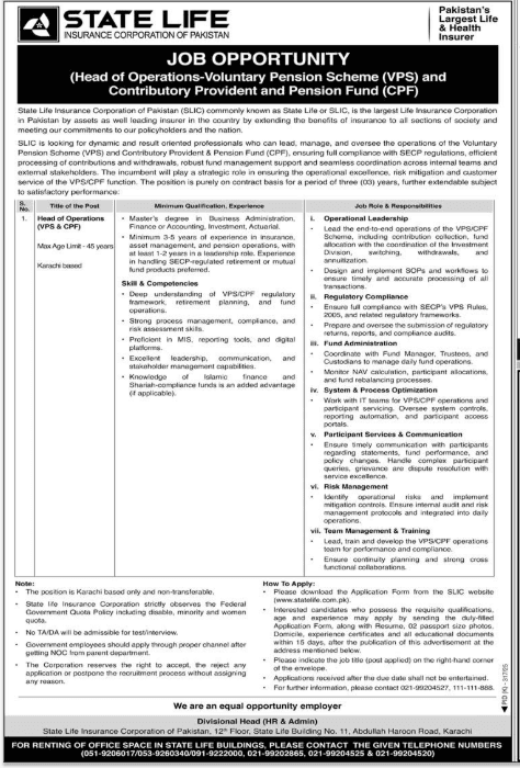 State Life SLIC Jobs in Karachi