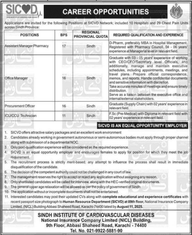 SICVD Sindh Institute of Cardiovascular Diseases Jobs in Sindh