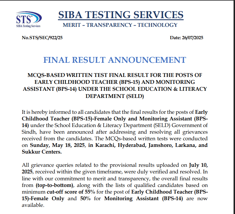 SIBA Announces Final Results for Early Childhood Teacher and Monitoring Assistant Posts