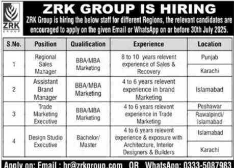 ZRK Group Jobs in Pakistan