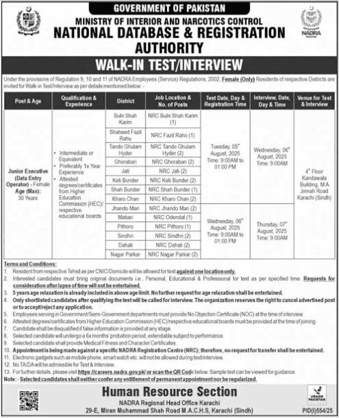 NADRA Jobs in Sindh