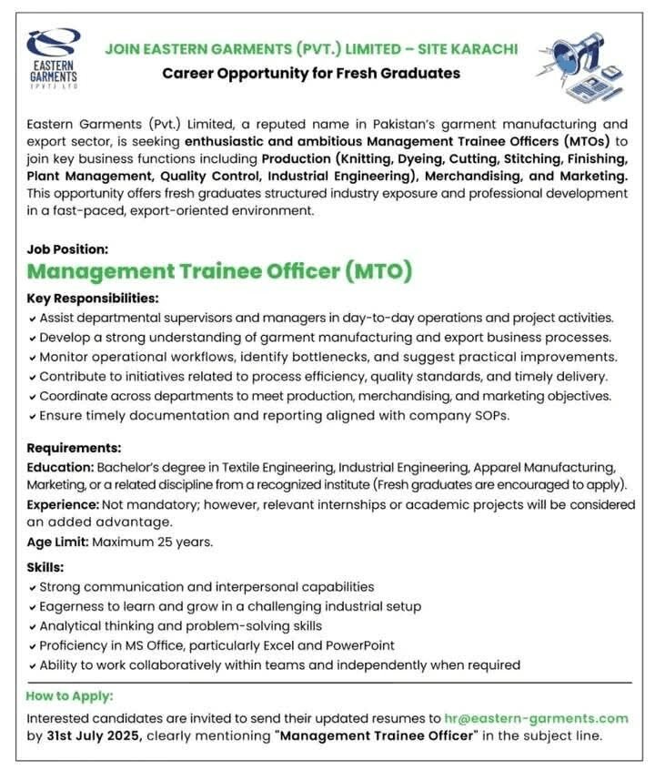 Eastern Garments Company Announced Jobs For Fresh Graduates of Sindh