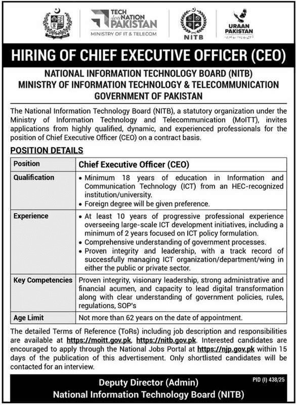Ministry of IT and Telecom NITB Jobs For Chief Executive Officer
