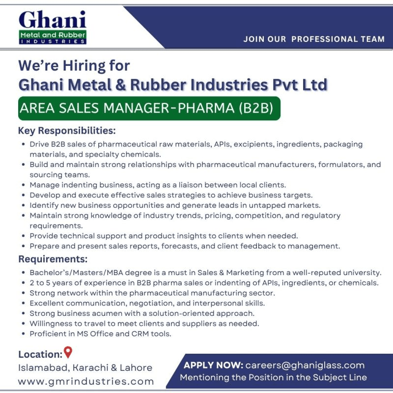 Ghani Industries Jobs For Area Sales Manager in Karachi