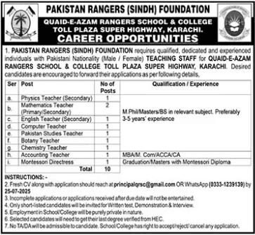 Pakistan Rangers School and College Karachi Jobs for Aspiring Teachers